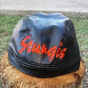Black faux Leather Beanie with Red "Sturgis" Embroidery
